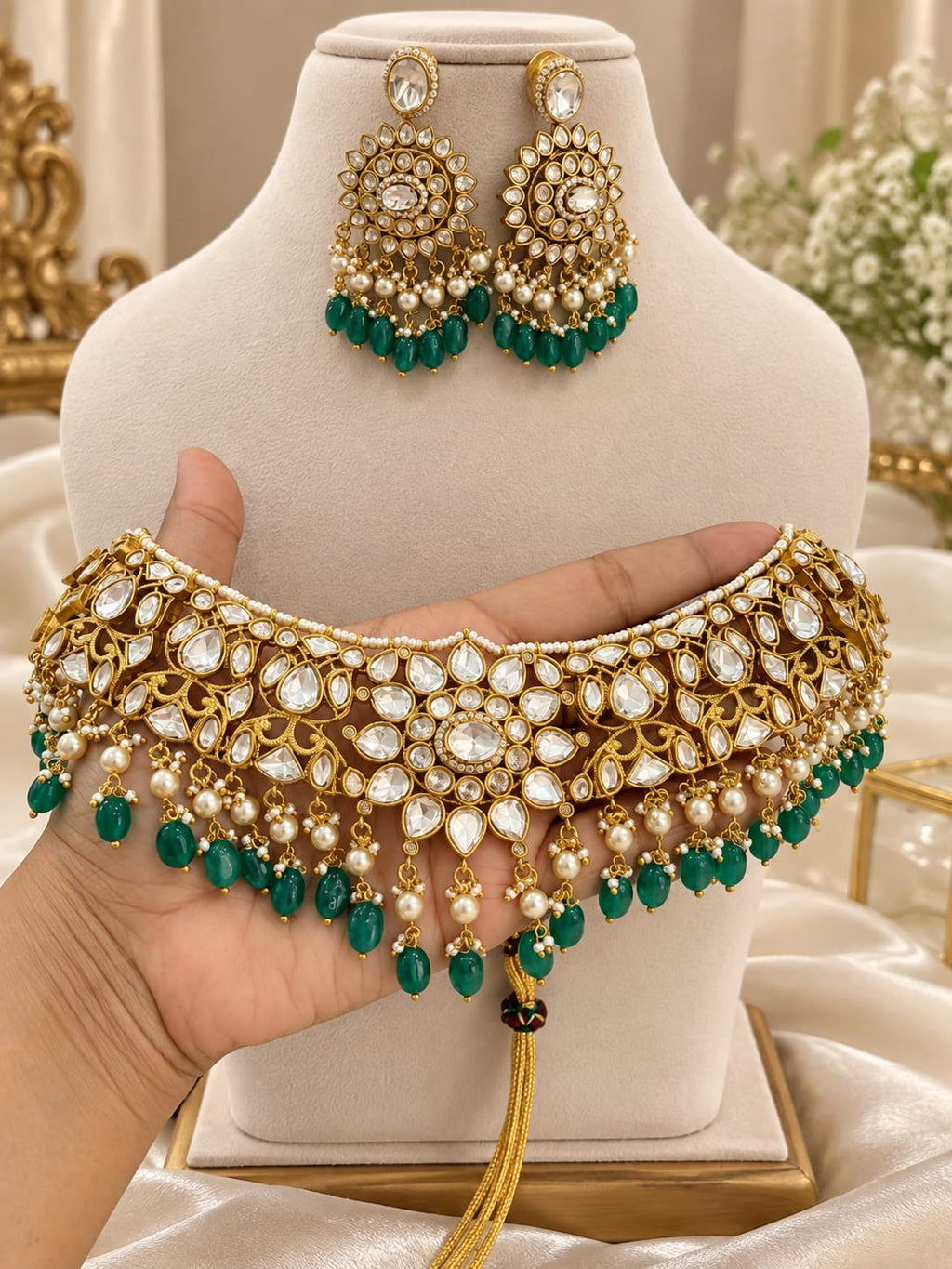 Jyotsna Clear Polki Choker Set - full set on mannequin