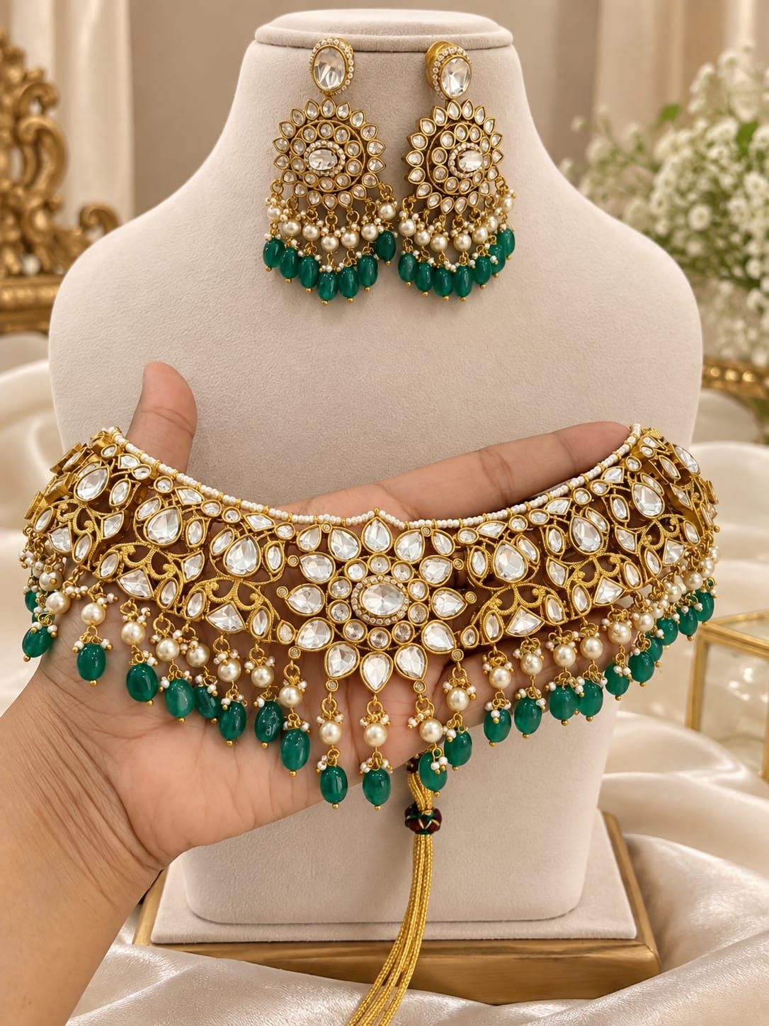 Jyotsna Clear Polki Choker Set - full set on mannequin