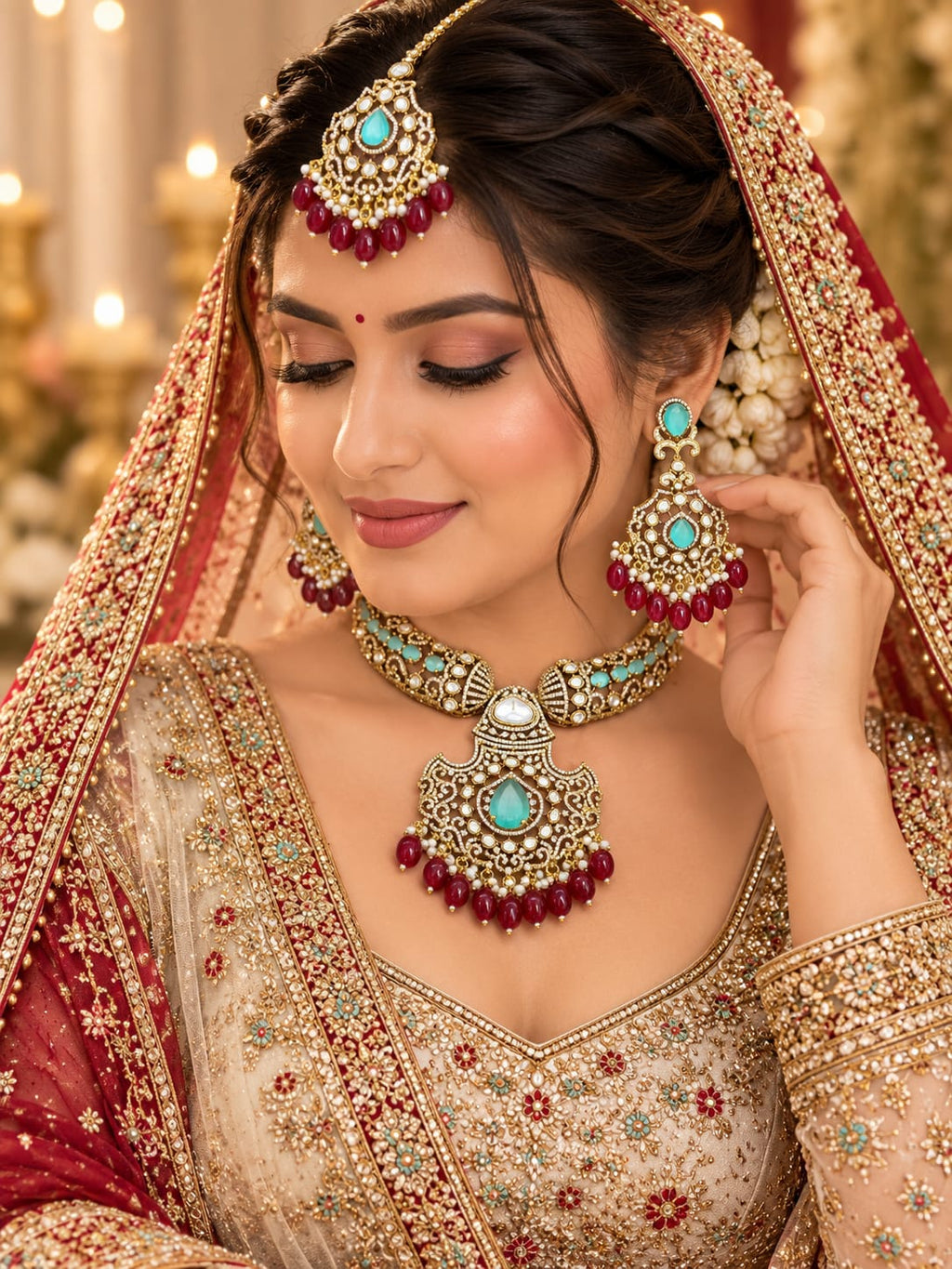 Shagun Mint-Ruby Pendant Set - worn by model