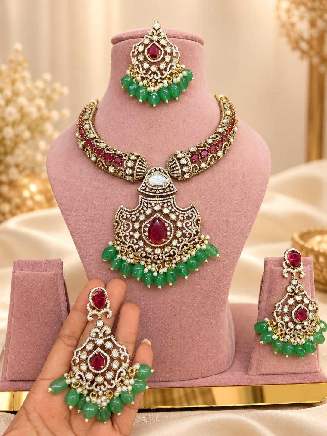 Chandni Ruby-Green Pendant Set - full set on mannequin