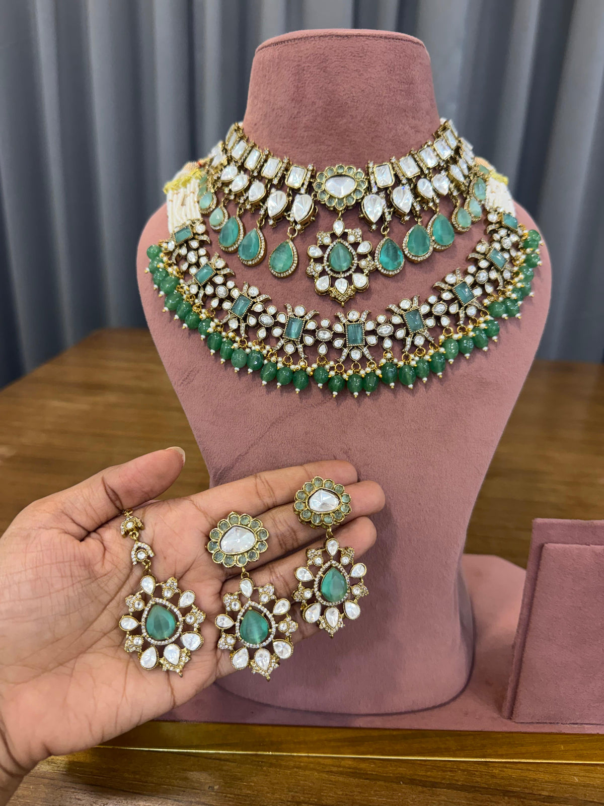 Rajkumari Mint Green Bridal Set - full set on mannequin