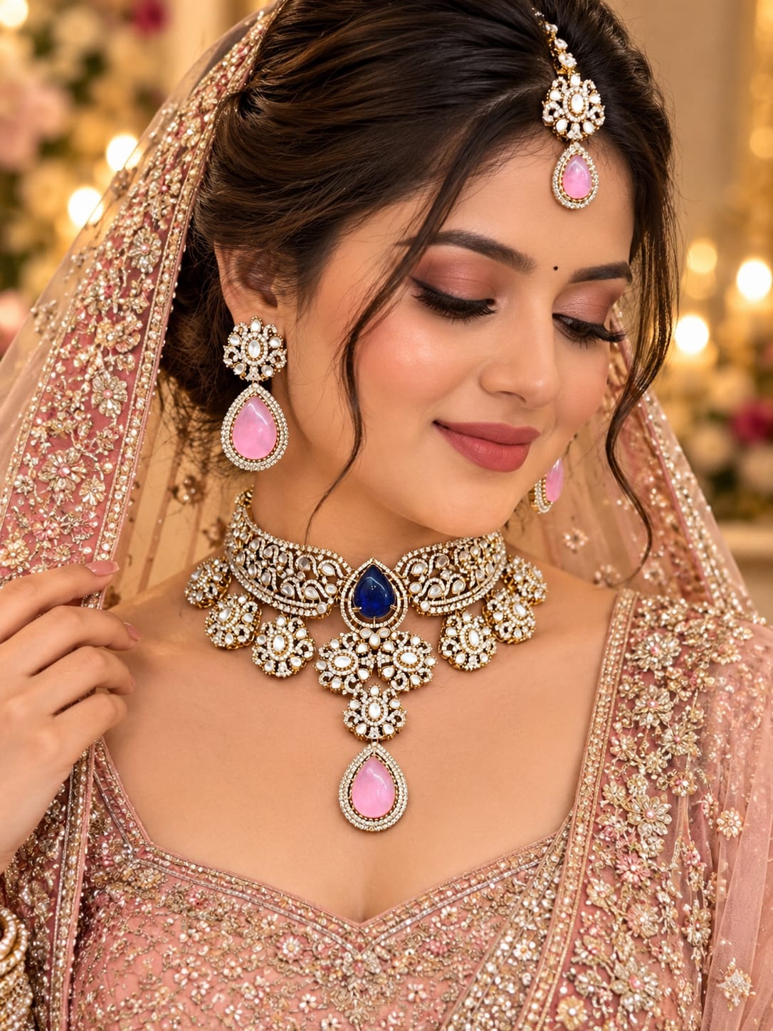 Rajnandini Sapphire-Pink Choker Set - worn by model