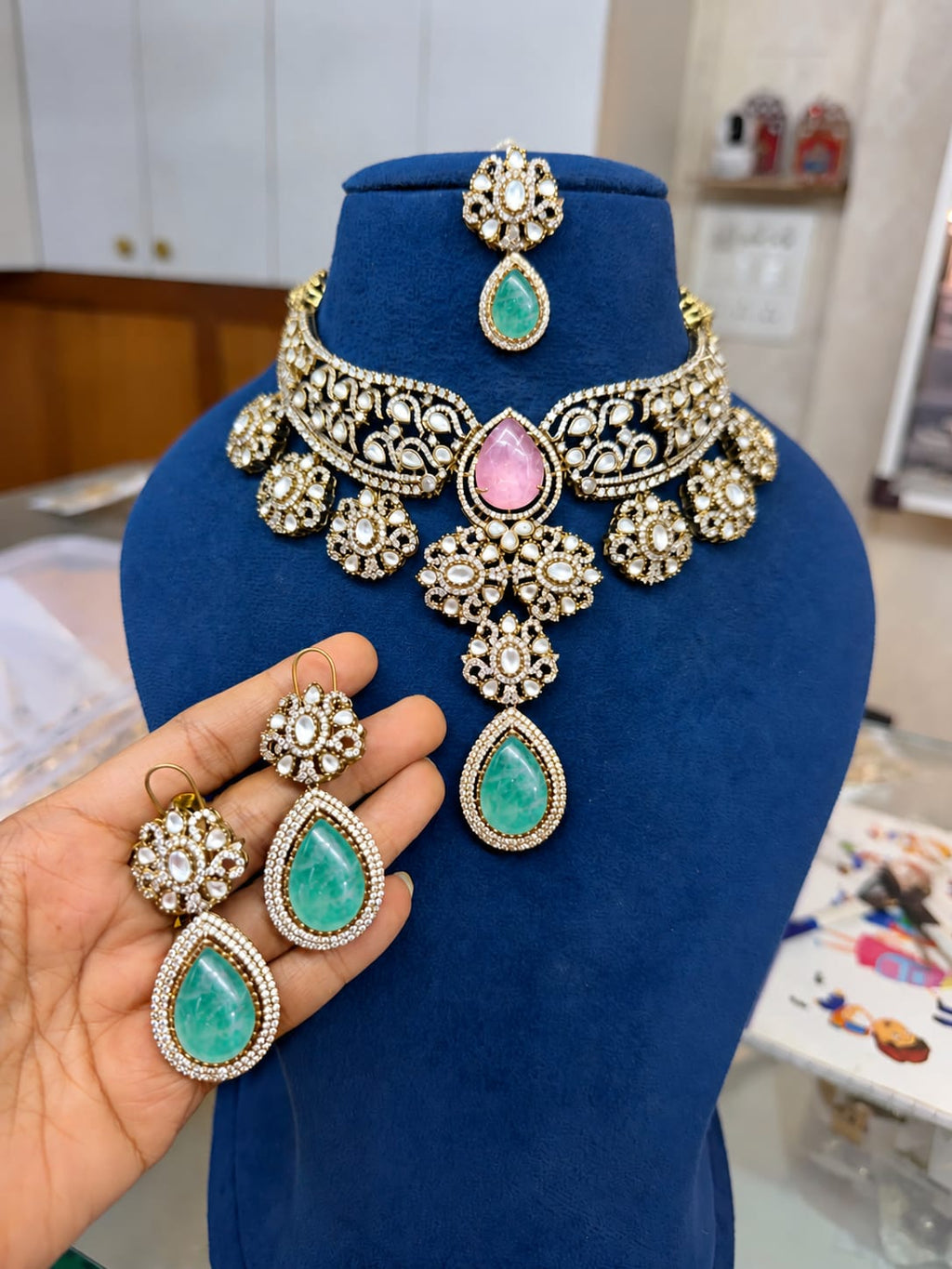 Padmini Pink-Mint Choker Set - full set on mannequin