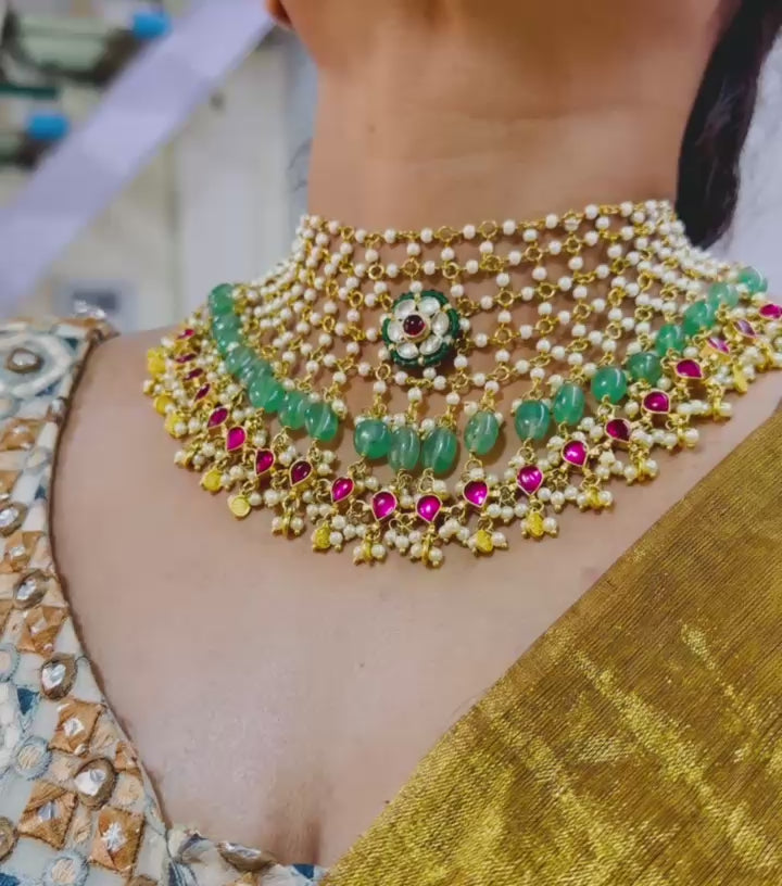 Enchanting Emerald-Pearl Kundan Polki Choker Set