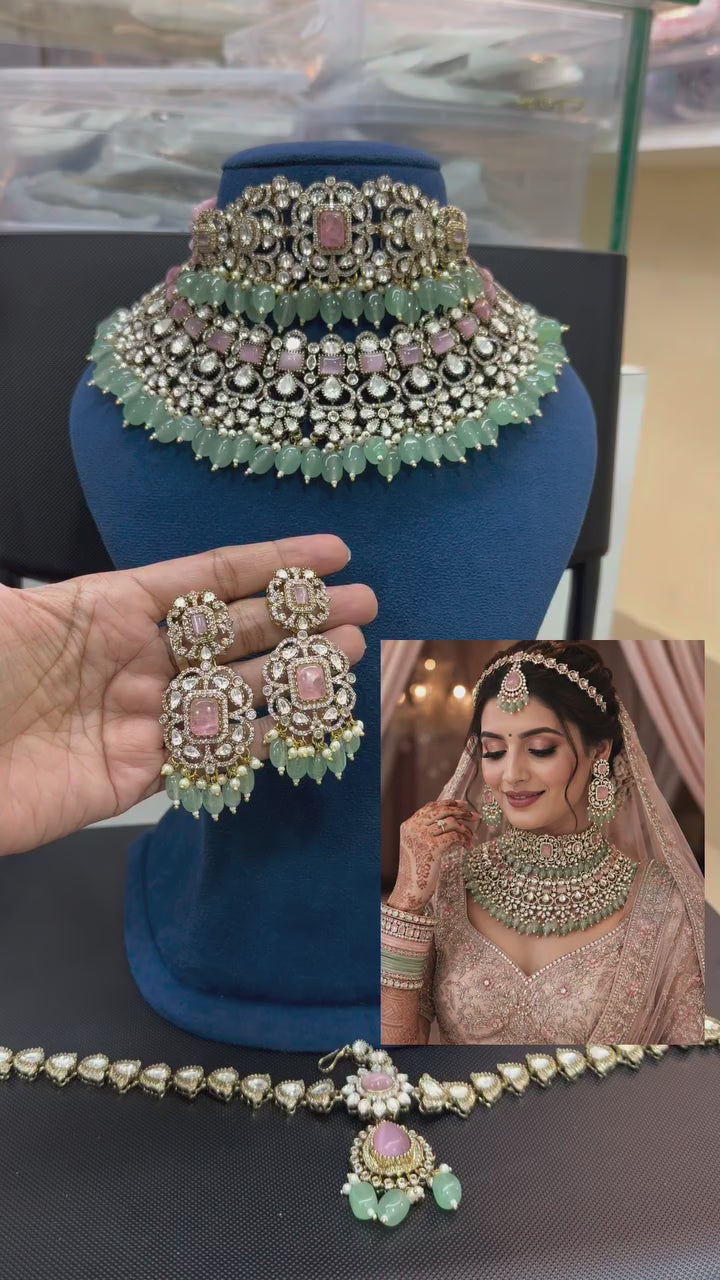 Poised Pastel Pink-Mint Kundan Polki Choker Set with Maang Tikka