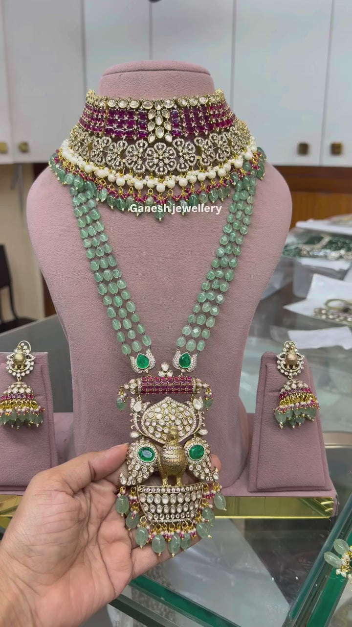 Peacock Motif Green Kundan Polki Choker & Haar Set with Jhumkas