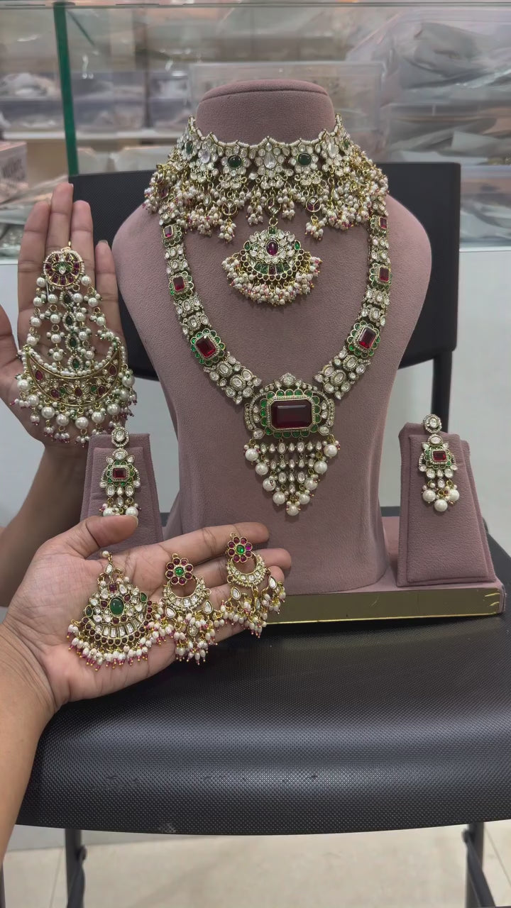 Shaadi-Ready Ruby-White Kundan Polki Bridal Set with Chandbalis & Sheeshpati
