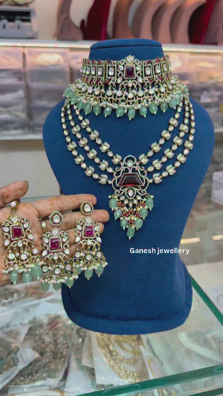 Antique Gold Finish Ruby-Emerald Kundan Polki Choker & Haar Set