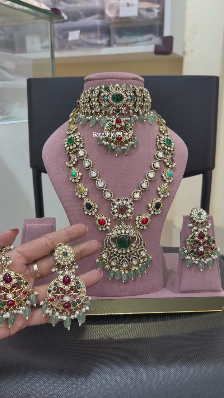 Marwari Maroon-Green Kundan Polki Choker & Haar Set