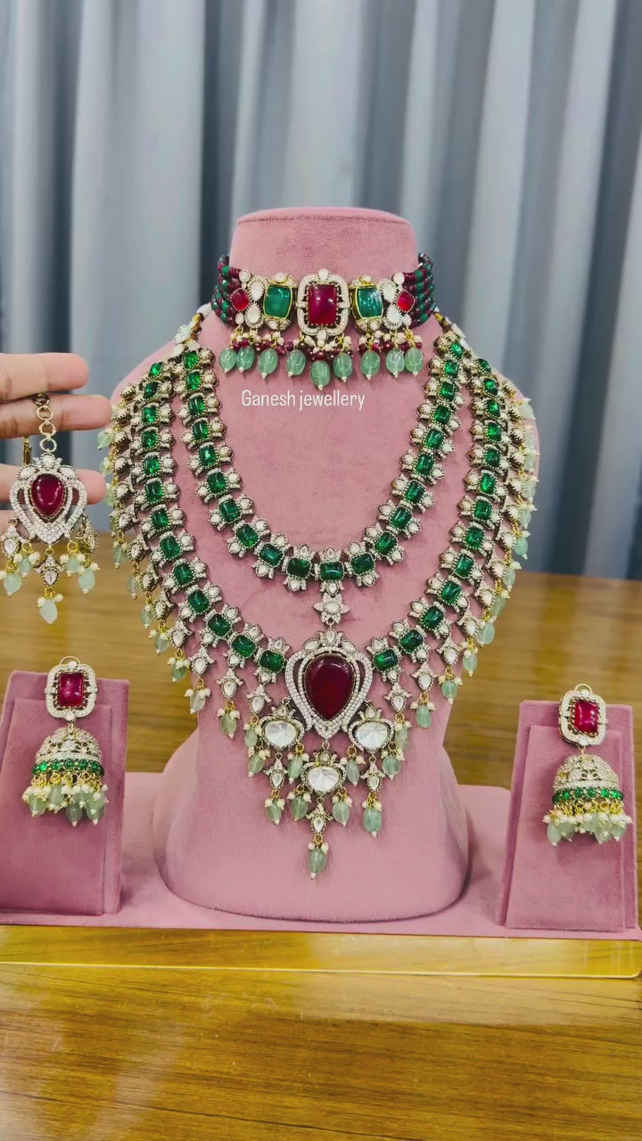 Marwari Green-Ruby Kundan Polki Bridal Set with Jhumkas