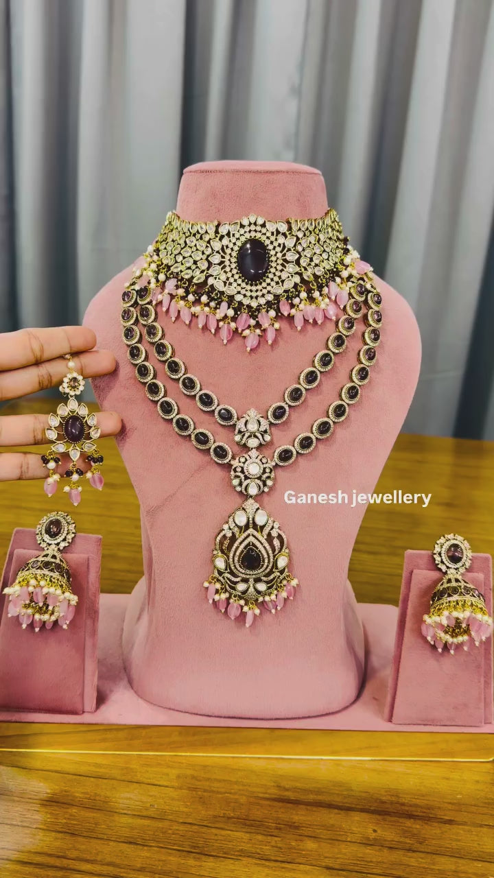 Cocktail-Ready Pink-Wine Kundan Polki Choker & Haar Set with Jhumkas