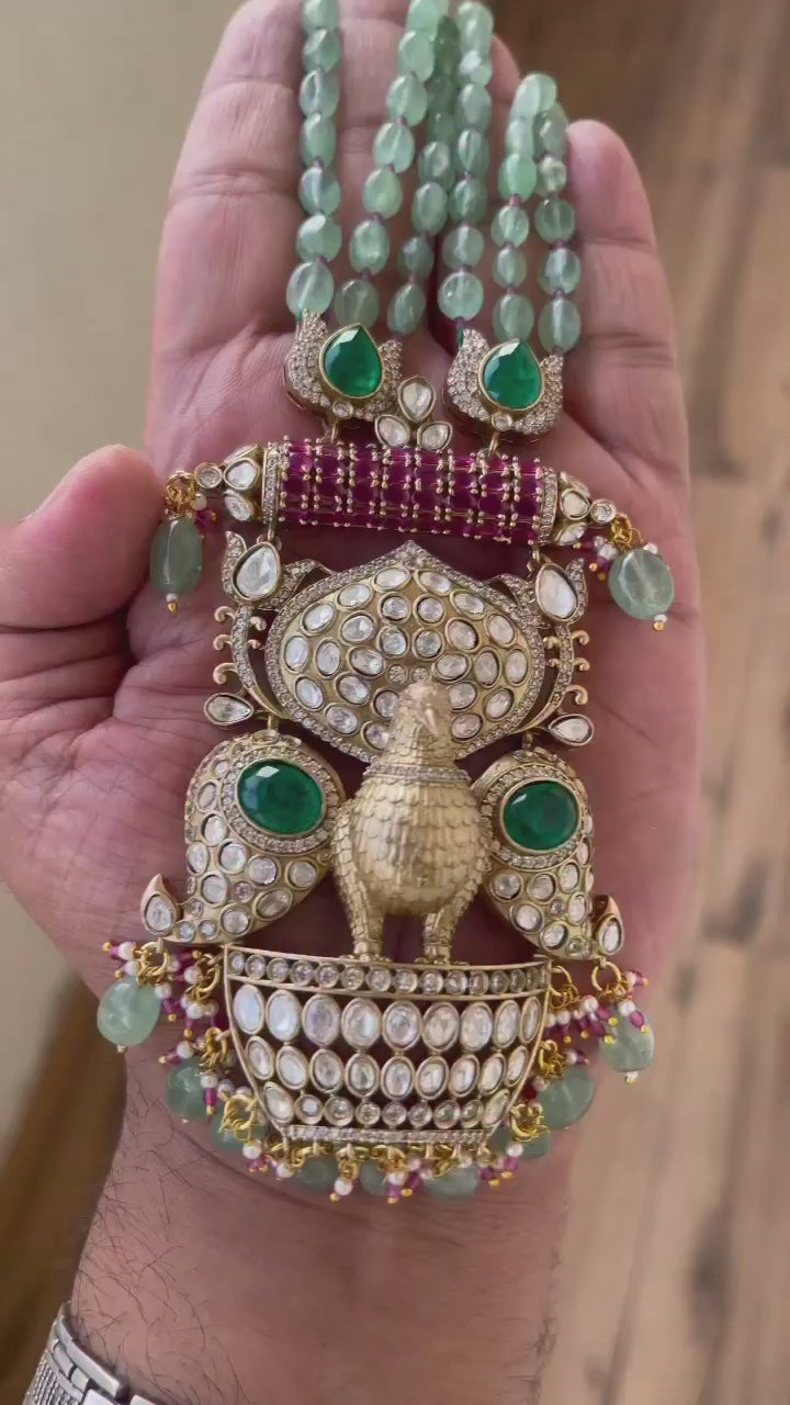 Peacock Motif Green Kundan Polki Choker & Haar Set with Jhumkas