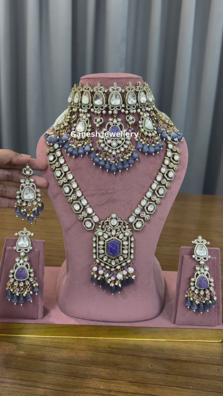 Sovereign Blue-Purple Kundan Polki Bridal Set with Maang Tikka