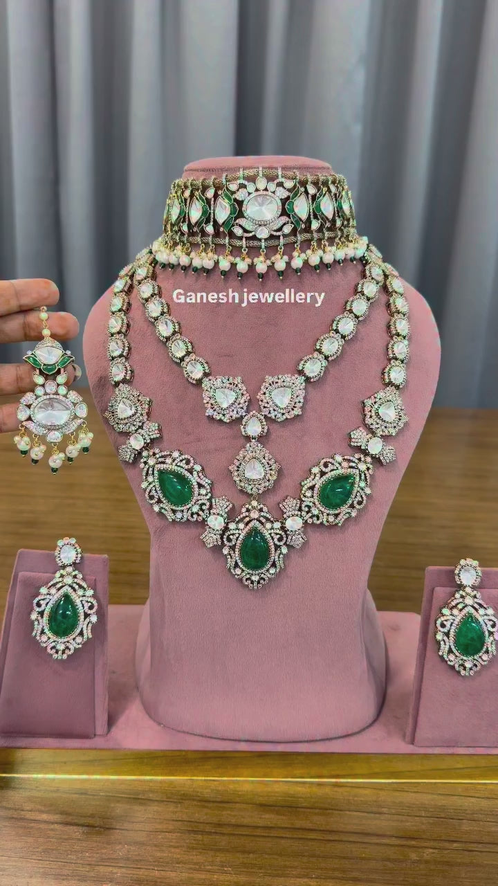 Pristine White-Emerald Kundan Polki Choker & Haar Set