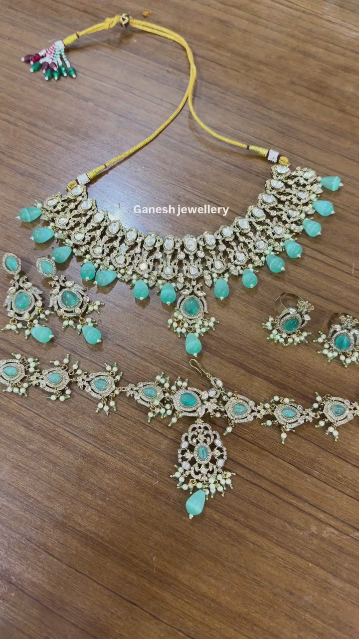 Ethereal Turquoise Kundan Polki Choker Set with Maang Tikka