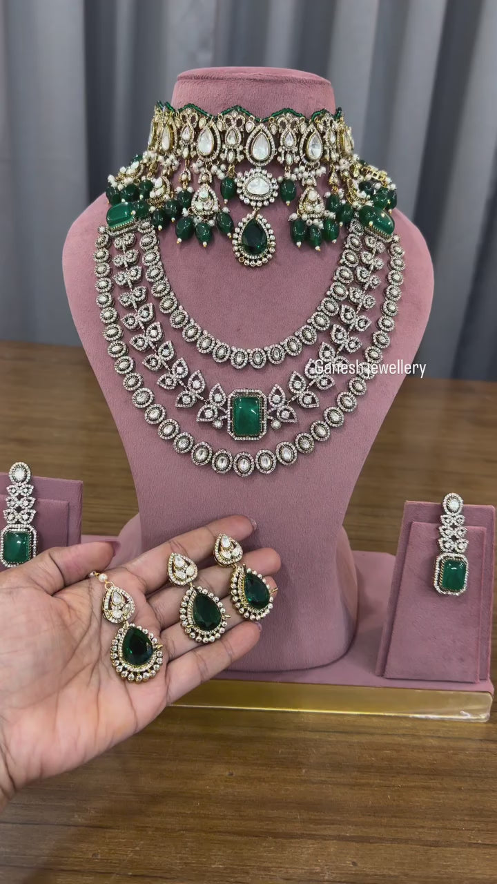 Jadau Emerald Kundan Polki Choker & Long Haar Set