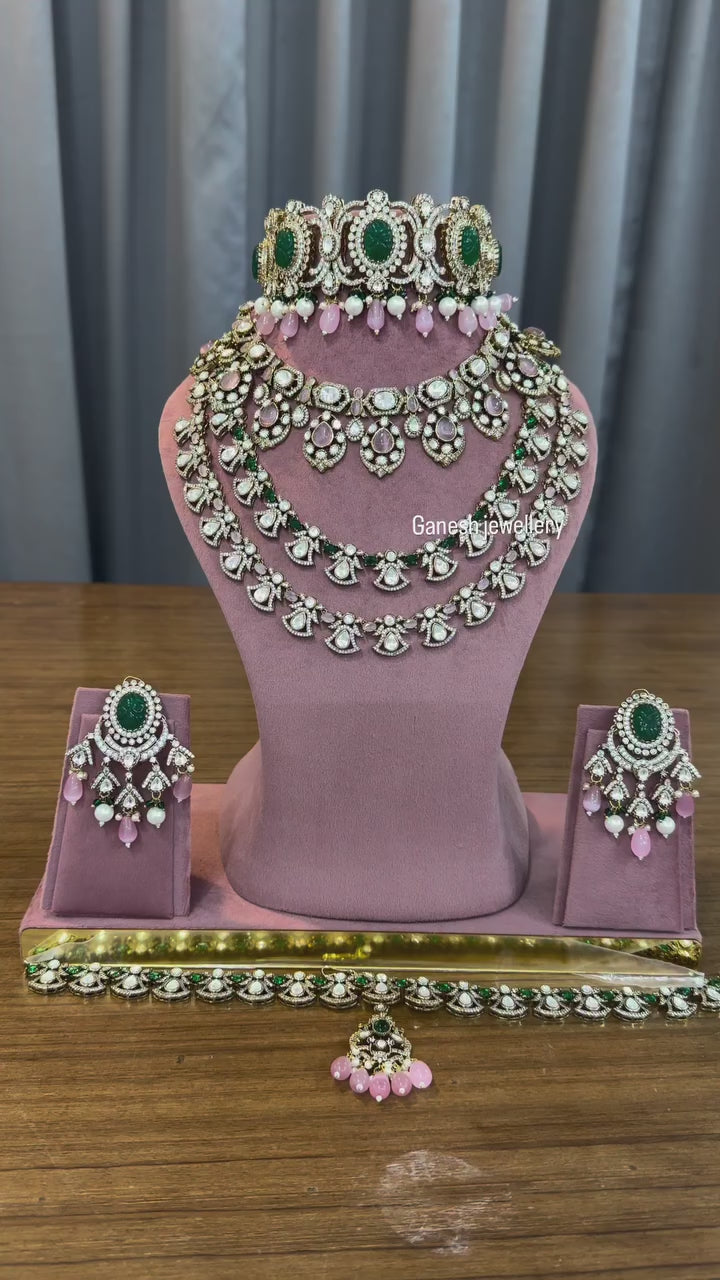 Alluring Pink-White Kundan Polki Choker & Long Haar Set with Maang Tikka
