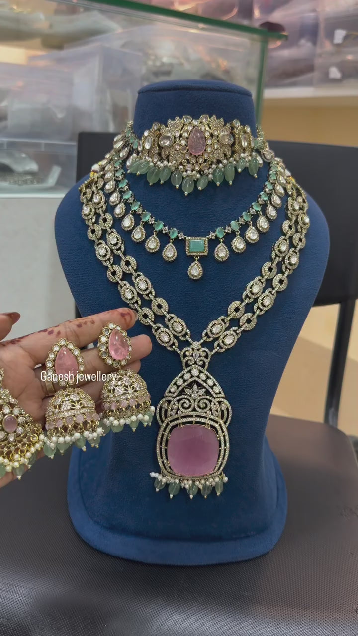 Vintage Rose-Sage Kundan Polki Bridal Set with Jhumkas