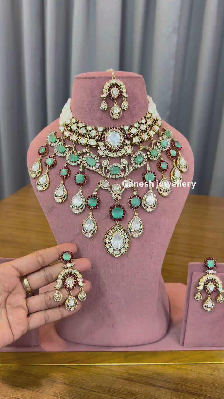 Grand Mint-Ruby Kundan Polki Bridal Set with Maang Tikka