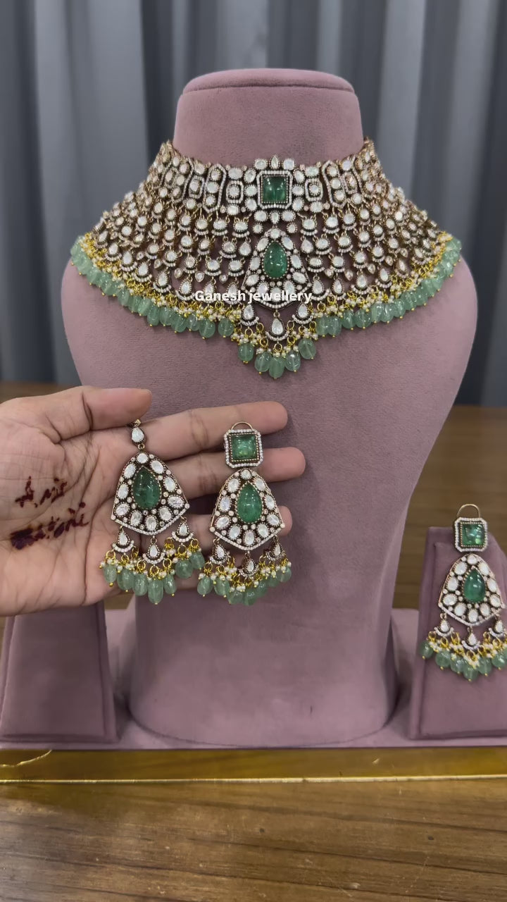 Jaipuri Mint Kundan Polki Choker Set with Maang Tikka