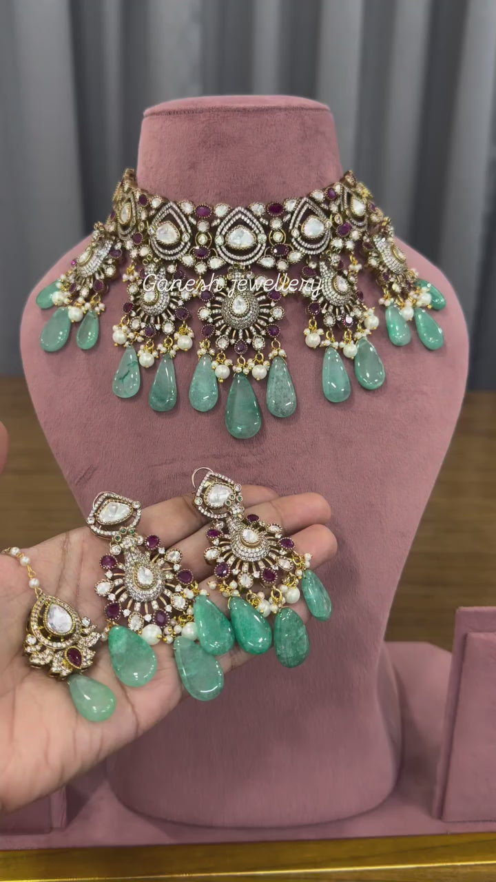 Signature Mint Kundan Polki Choker Set with Maang Tikka