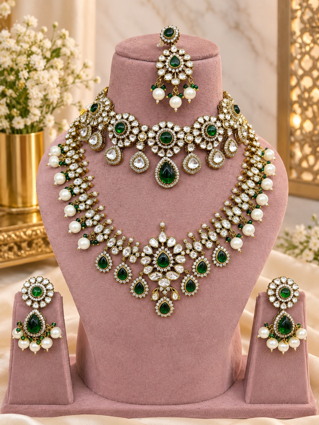 Divine Emerald Kundan Polki Bridal Choker & Haar Set - Kundan Polki Bridal Jewellery by Ganesh Kundan & Polki