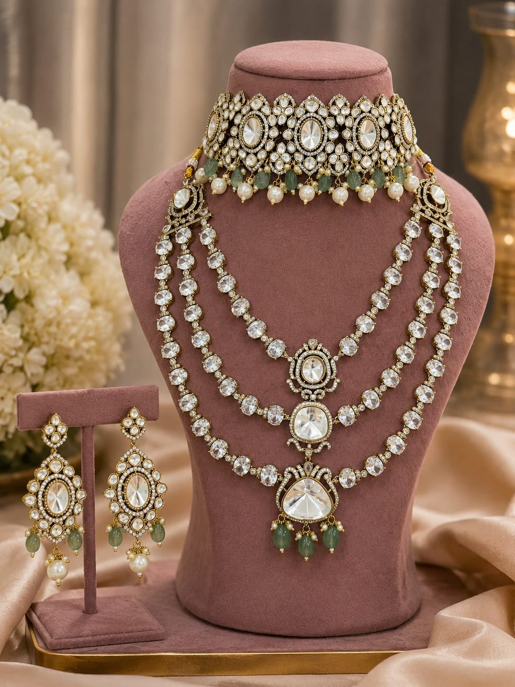 Premium White Bridal Kundan & Polki Jewellery Set with Choker, Triple Layer Necklace and Earrings