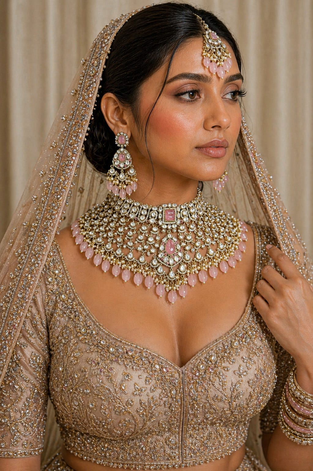 Handcrafted Indian bridal jewellery set for wedding reception in pink.