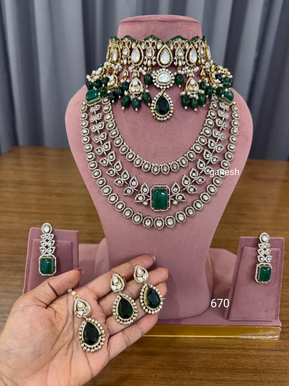 Bridal Kundan Polki Jewellery Set with Green Stones Choker and Long Necklace