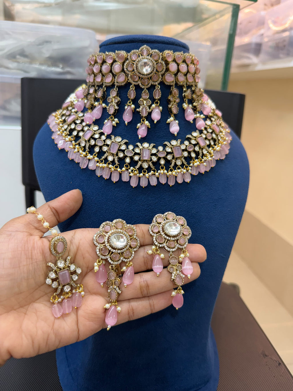 Pink Bridal Kundan Polki Choker Jewellery Set with Earrings and Maang Tikka