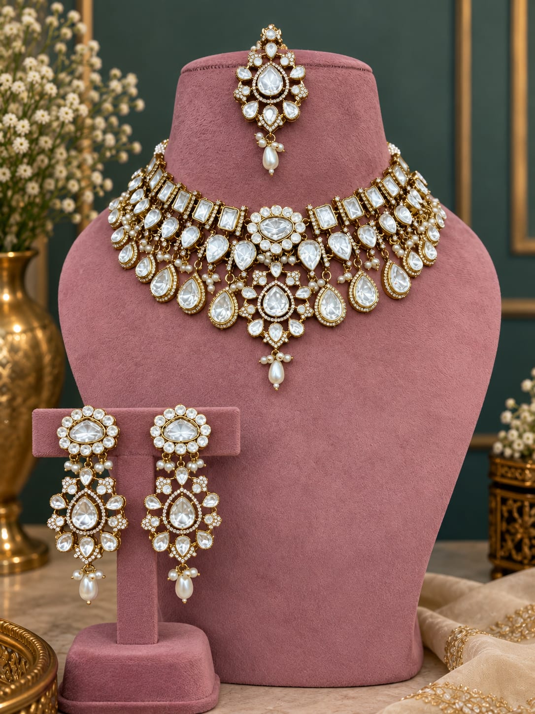 Imperial White Kundan Polki Choker Set with Maang Tikka - Kundan Polki Bridal Jewellery by Ganesh Kundan & Polki