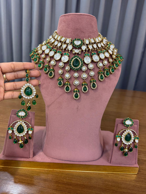 Green and gold bridal Kundan Polki jewellery set with statement choker and earrings