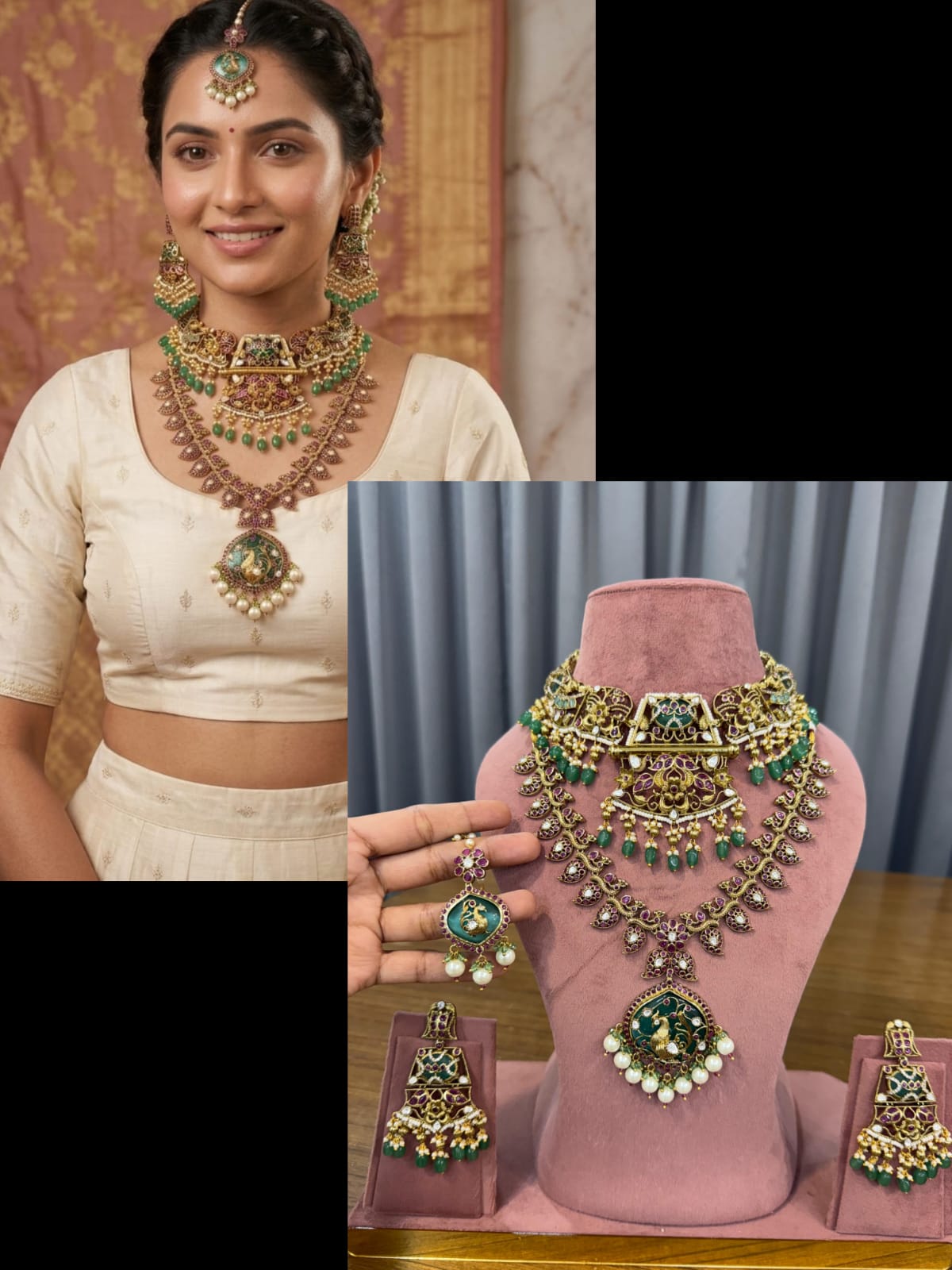 Emerald and Ruby Bridal Kundan Jewellery Set with Choker and Long Necklace.