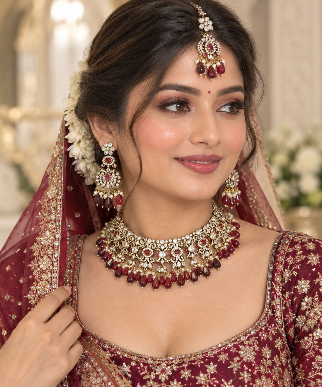Maroon Kundan Polki bridal choker set with statement earrings