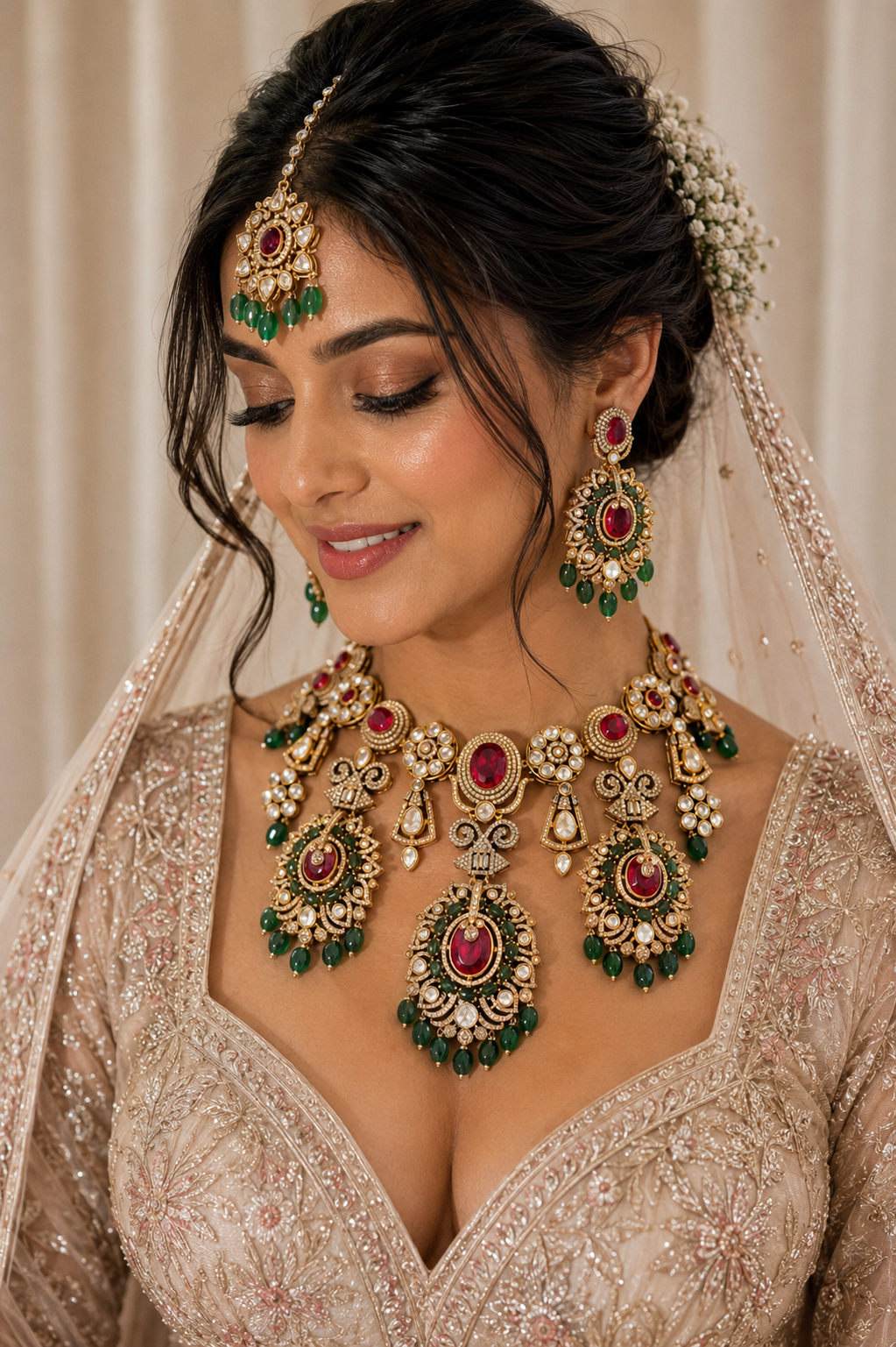 Royal Bridal Kundan Polki Necklace Set in Ruby Green