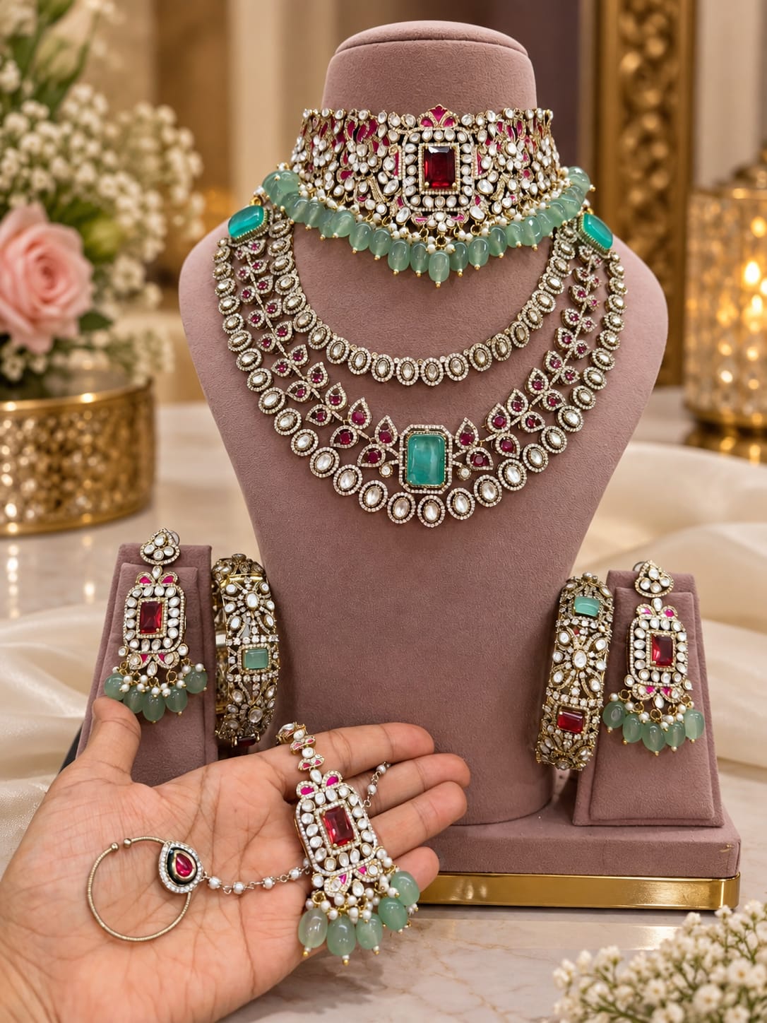 Festive-Ready Mint-Ruby Kundan Polki Choker Set - Kundan Polki Bridal Jewellery by Ganesh Kundan & Polki