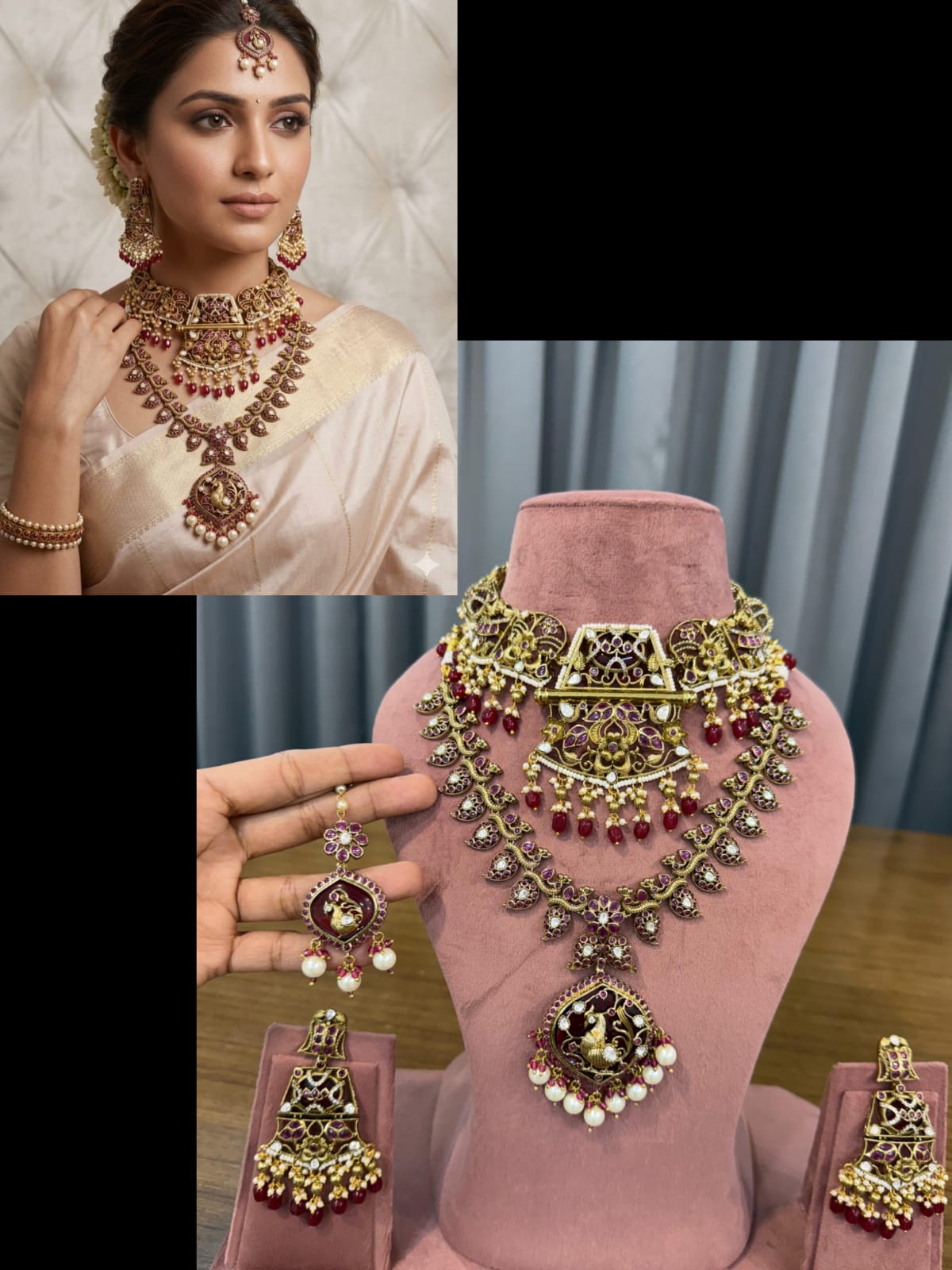 Bridal Kundan and Polki Jewellery Set with Choker and Long Haar in Antique Gold and Ruby Red.