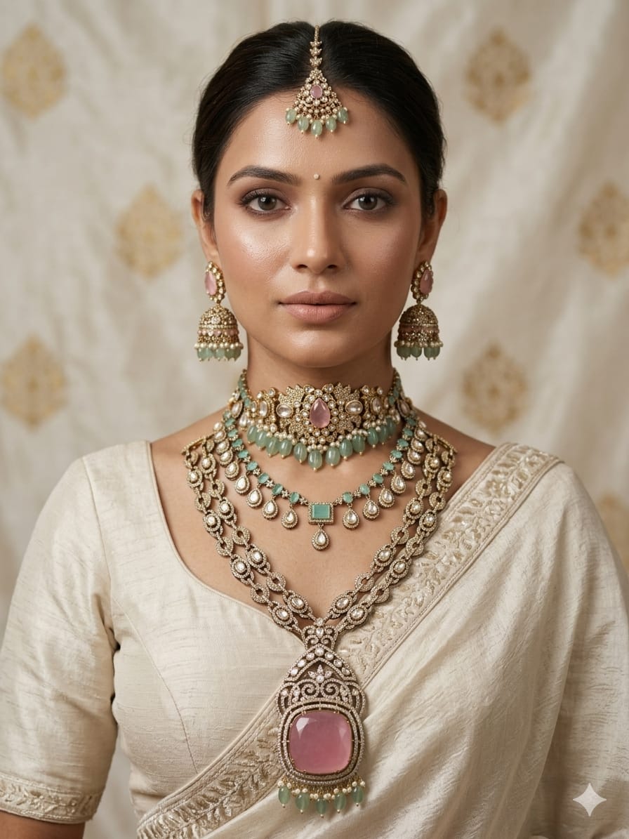 Traditional bridal Jhumka earrings and Maang Tikka with pink stones and green beads.