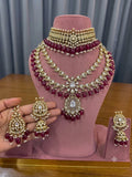 
Wine Red Kundan Polki Bridal Jewellery Set with Choker, Long Necklace and Jhumka Earrings by Ganesh Kundan Jewellery