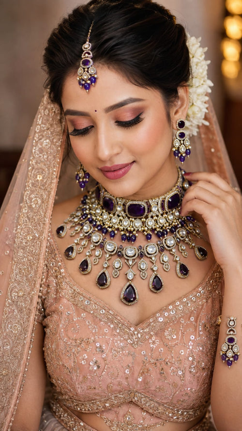 Royal Purple Indian Wedding Jewellery Set with Kundan Detailing
