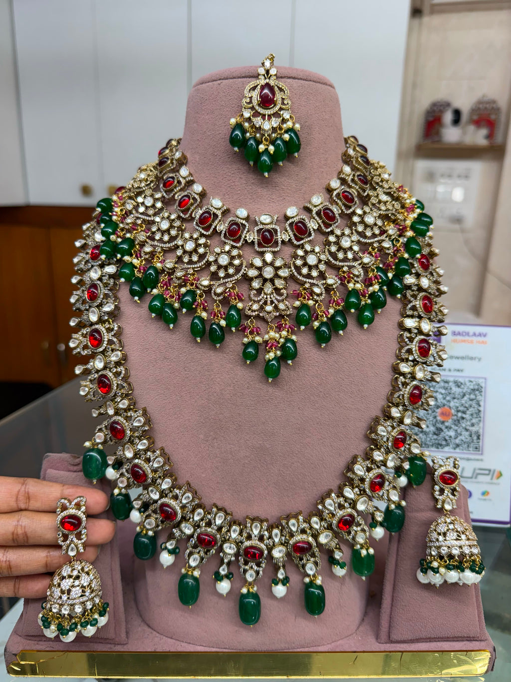 Ruby Green Bridal Kundan Polki Jewellery Set with Choker Long Haar Jhumka Earrings and Maang Tikka