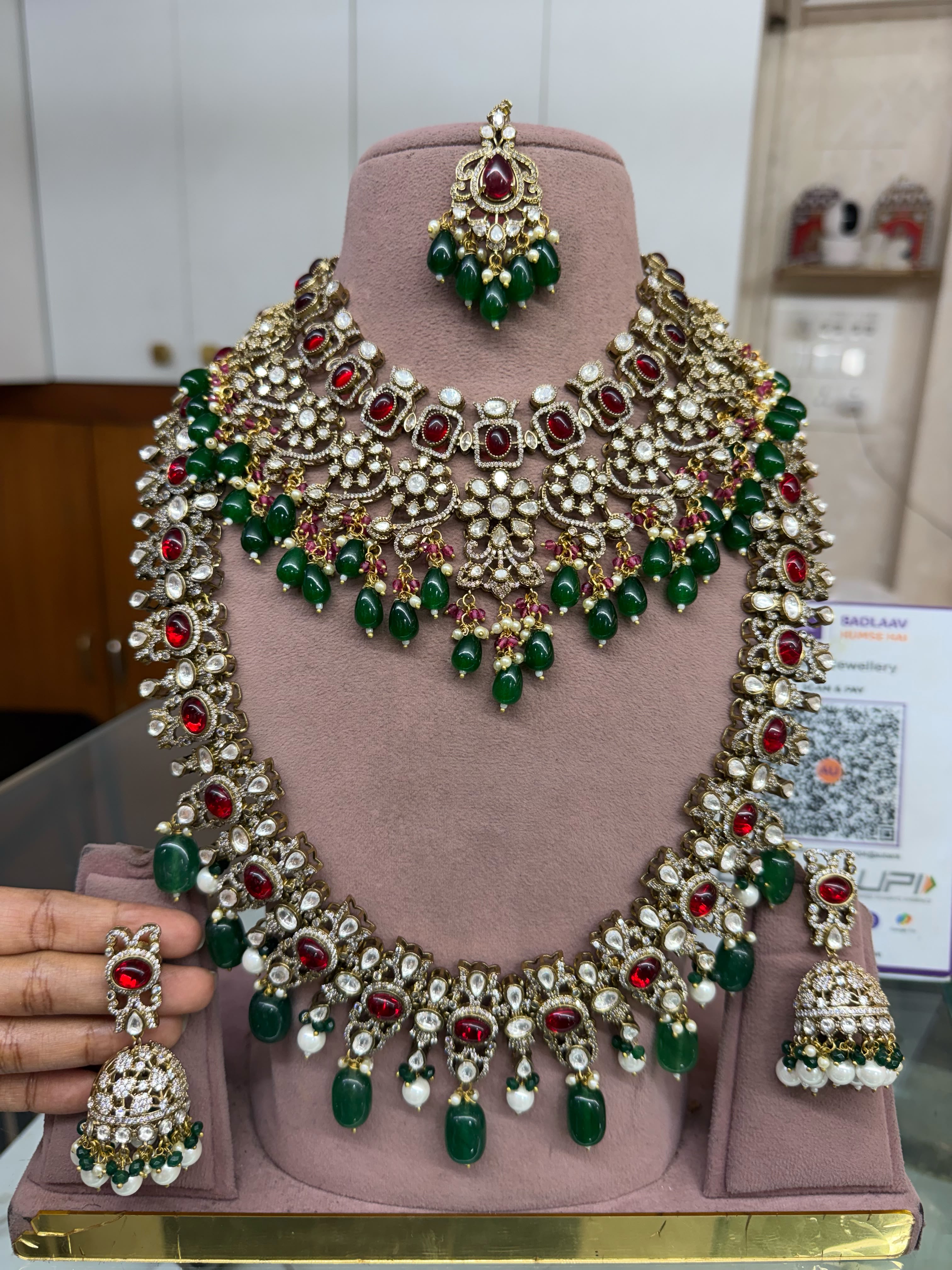 Ruby Green Bridal Kundan Polki Jewellery Set with Choker Long Haar Jhumka Earrings and Maang Tikka
