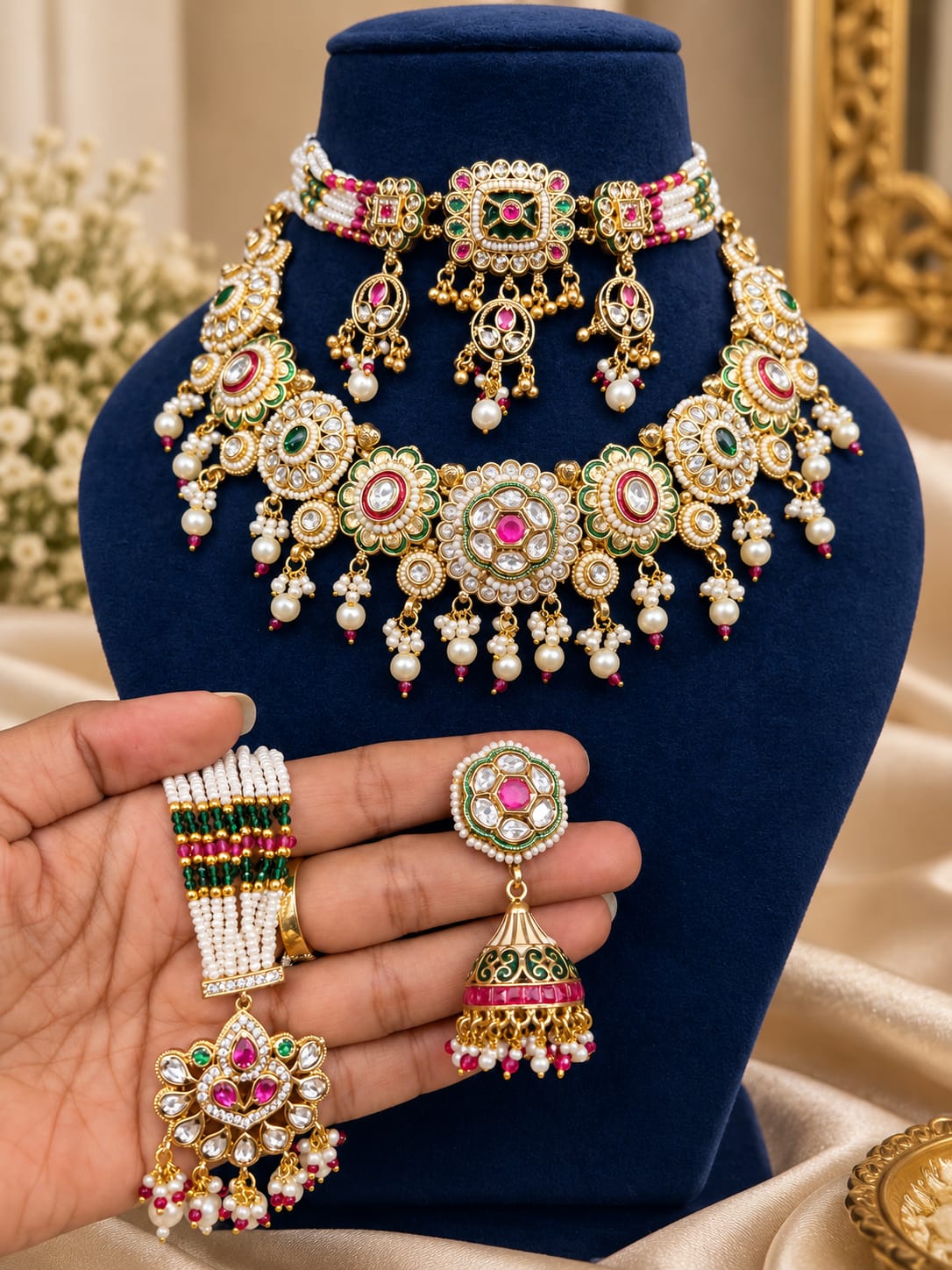 Mehendi-Ready Pink-Green Kundan Polki Choker Set - Kundan Polki Bridal Jewellery by Ganesh Kundan & Polki