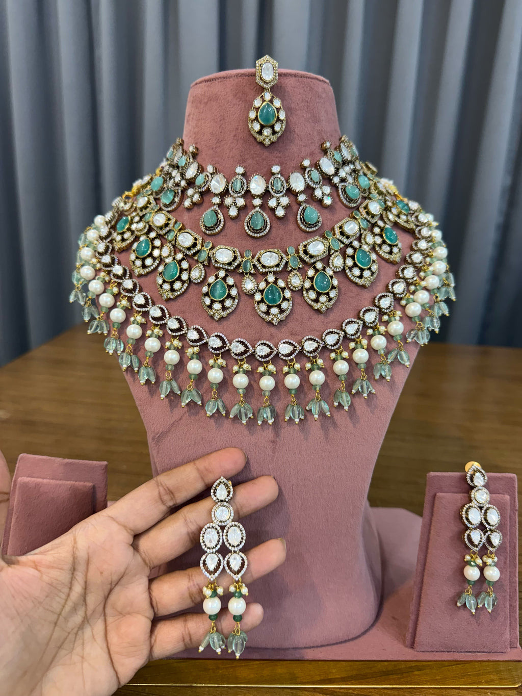 Mint Green Bridal Kundan Polki Jewellery Set with Choker and Long Necklace