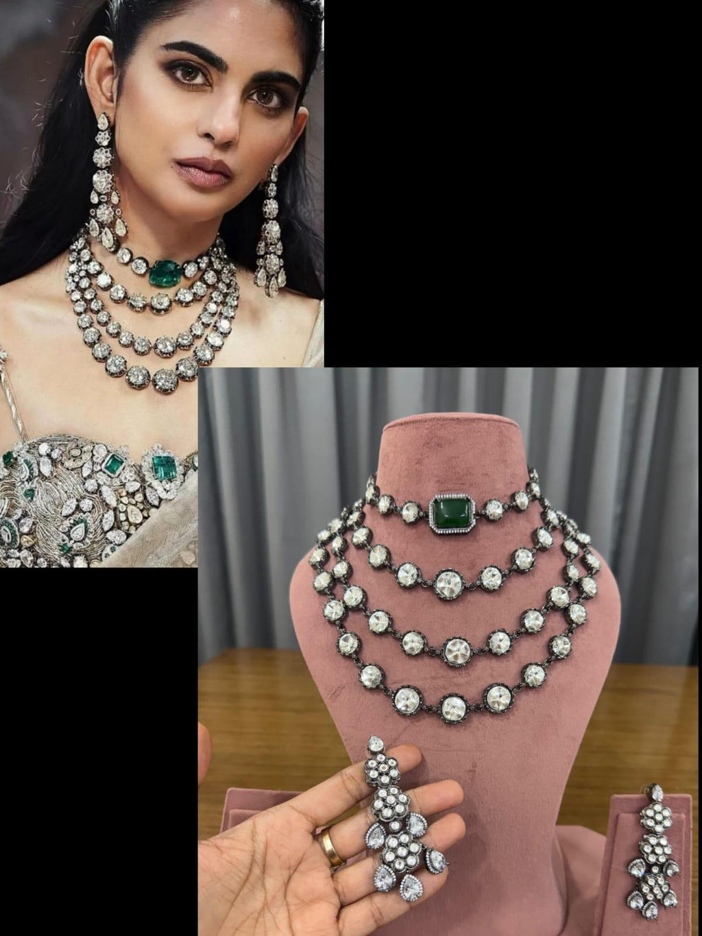 Royal bridal kundan jewellery set with emerald green stones