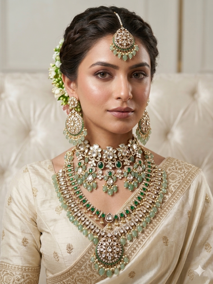 Bridal green kundan polki necklace set with earrings India