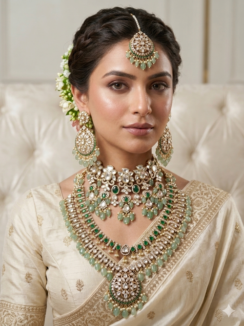 Bridal green kundan polki necklace set with earrings India