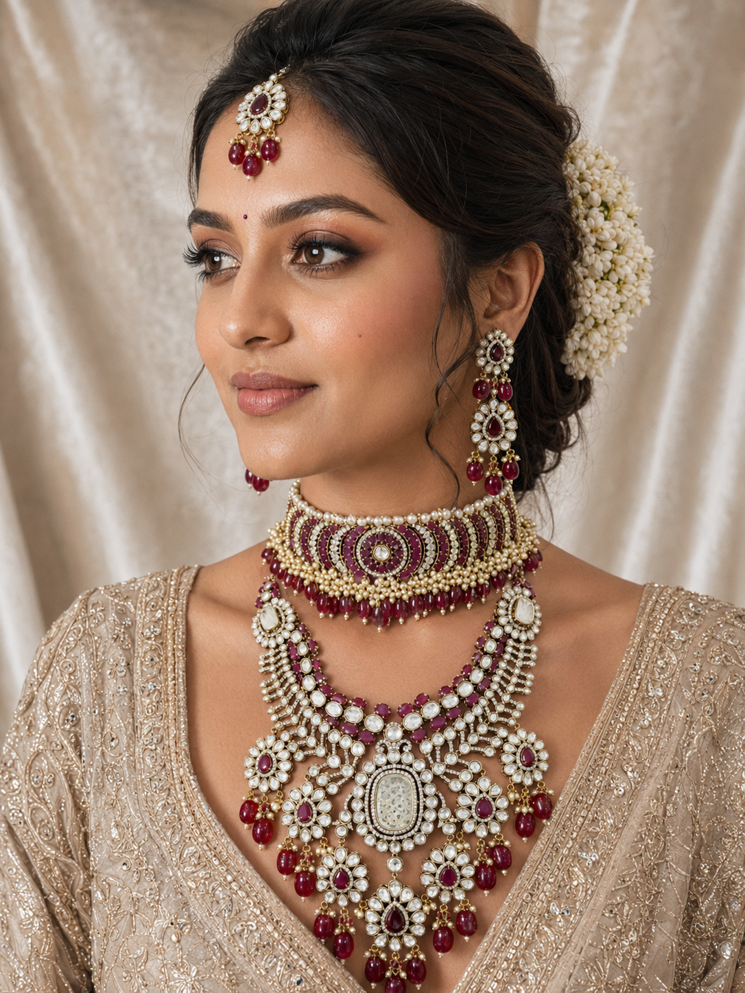 Heavy bridal Polki jewellery set with ruby red beads