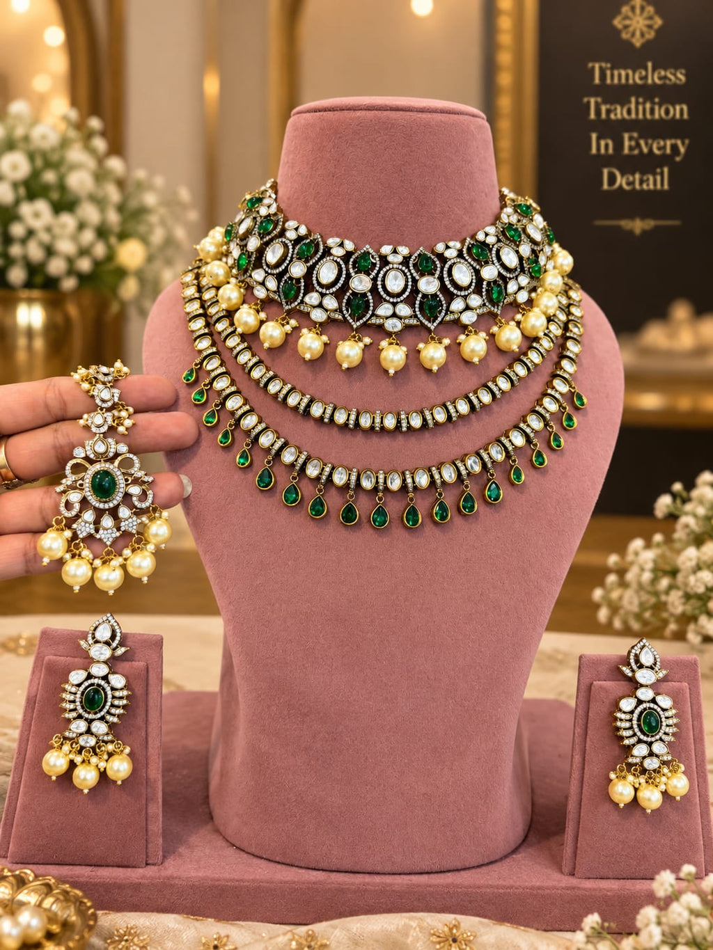 Opulent Emerald-Pearl Kundan Polki Choker & Long Haar Set - Kundan Polki Bridal Jewellery by Ganesh Kundan & Polki