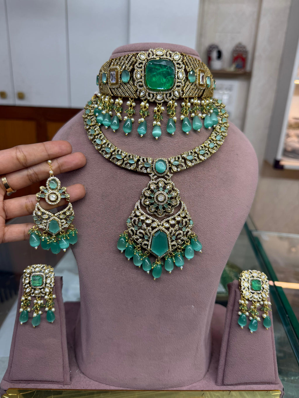 Mint Green Bridal Kundan Polki Choker Necklace Set with Earrings